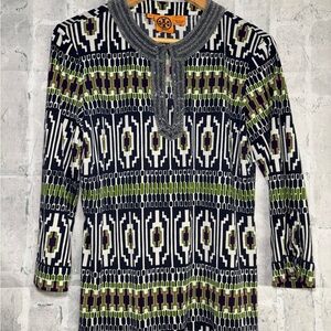 Tory Burch Geometric Knit Tunic - Navy, White & Olive 100% Silk